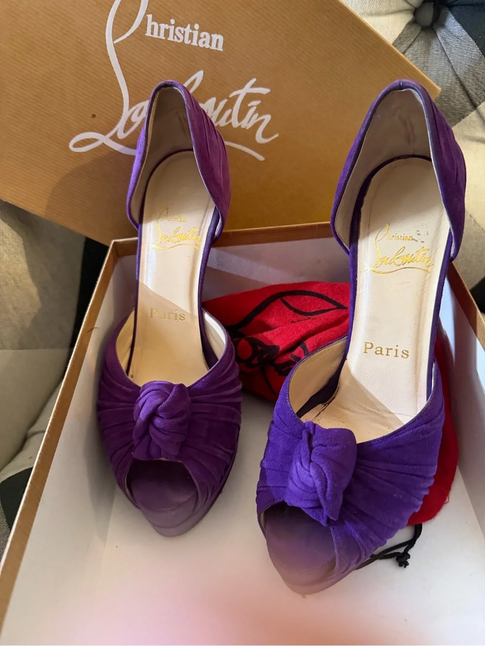 Christian Louboutin Alta Nodo Purple Suede Knot Platform D'Orsay Heels Pump 37.5